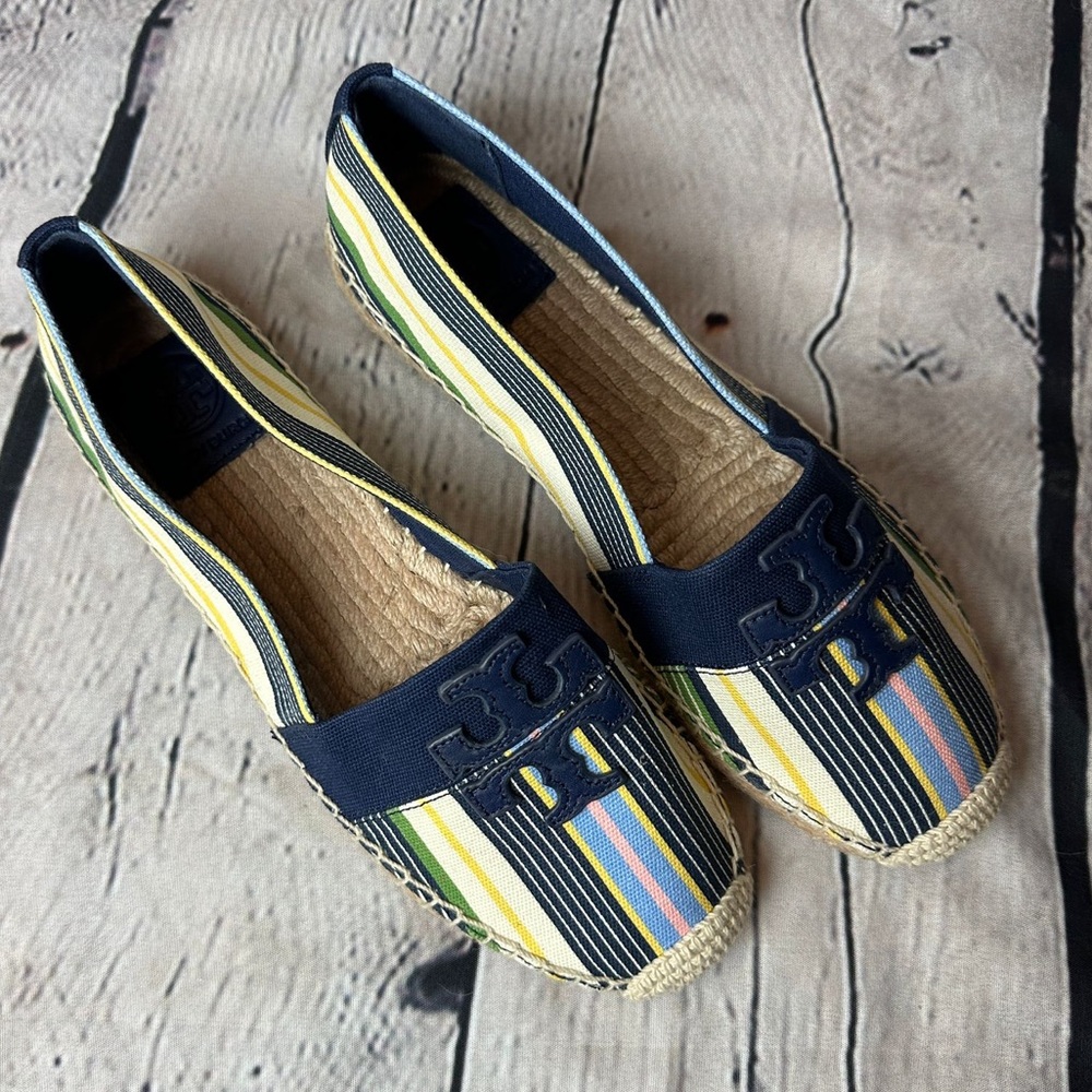 New Tory Burch Weston Espadrille Canvas Flat in Field Day Stripe Size 7.